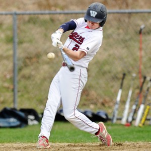 Westborough High School's Kevin Blackney blasts his first career home run to get Westborough on the board.