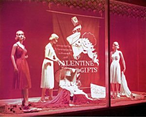 Denholms Valentine’s Day window display in 1959