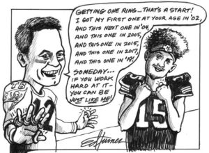 Cartoon of Tom Brady and Patrick Mahomes who will be facing off in the Super Ball LV.