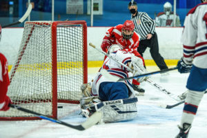 Hudson’s’ #27 Mike O’Malley brings it around and slips the puck past Rangers’ goalie #31 Patrick Riley.