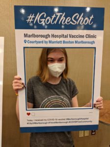 Fifteen-year-old Savannah Staples of Northborough poses after getting a COVID vaccine at the Courtyard Marriott Hotel in Marlborough, May 13. Photo/Sherry Clark