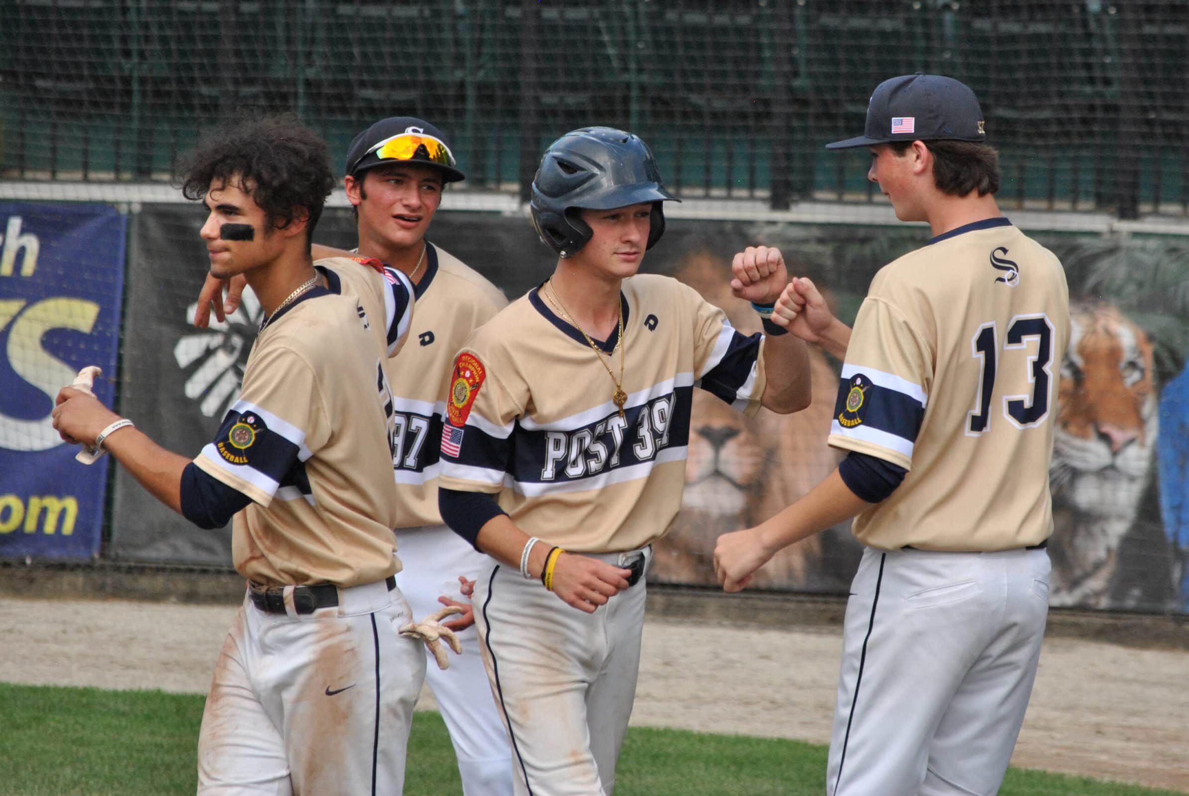 Shrewsbury players celebrate during a strong second inning for their team.
