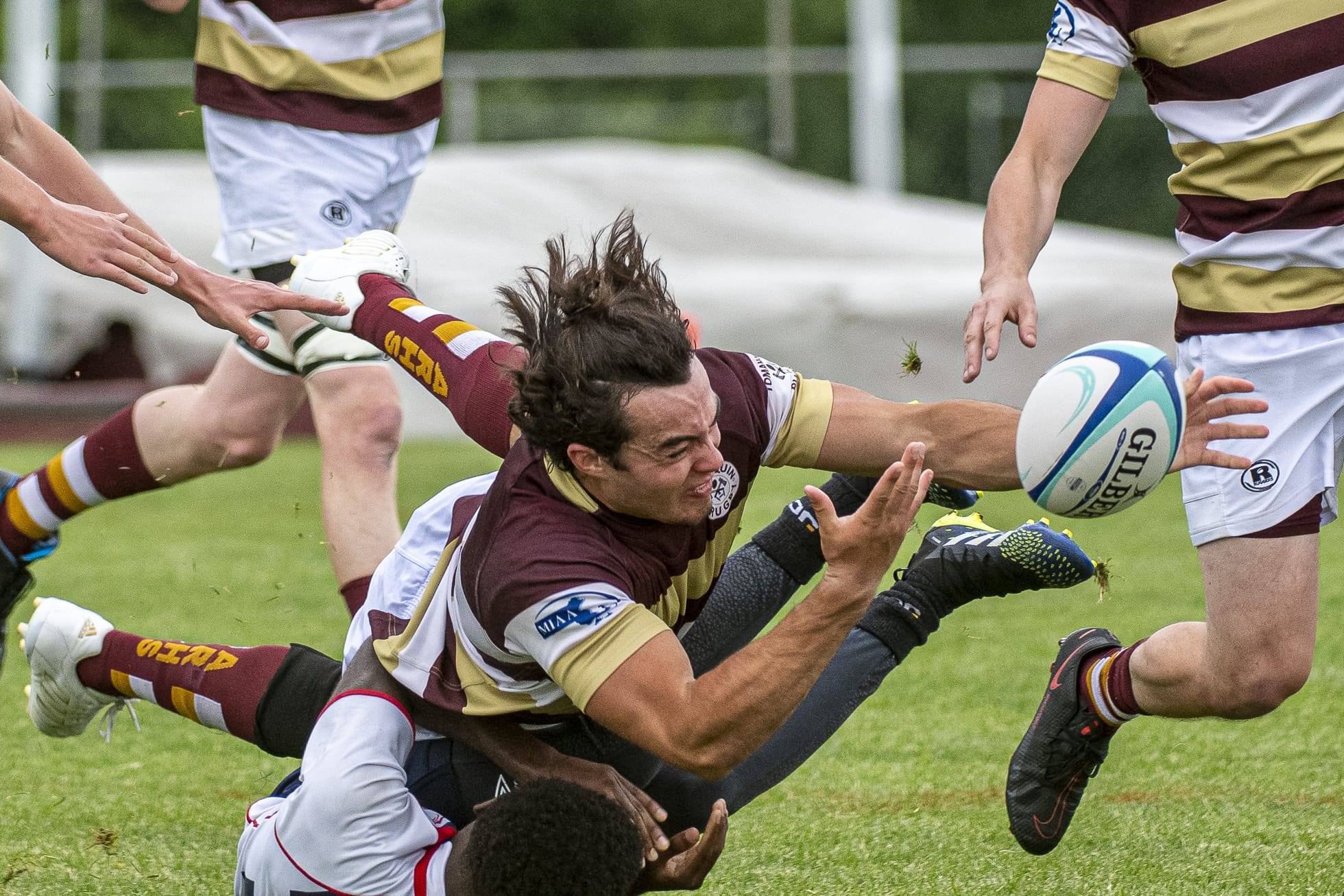 Algonquin’s Mike McEvoy releases the ball on the tackle during a game this spring.