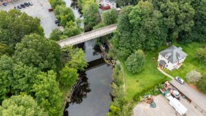 drone photo of Hudson trestle bridge on the Assabet Rail Trail