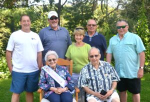 Nathalie Ahearn (front, left) celebrates her 95th birthday with (front, right) her brother Paul Martel and (back, l to r) her children Jeff, Nelly, Christine, Steve and Mark. Photo/Ed Karvoski Jr. 