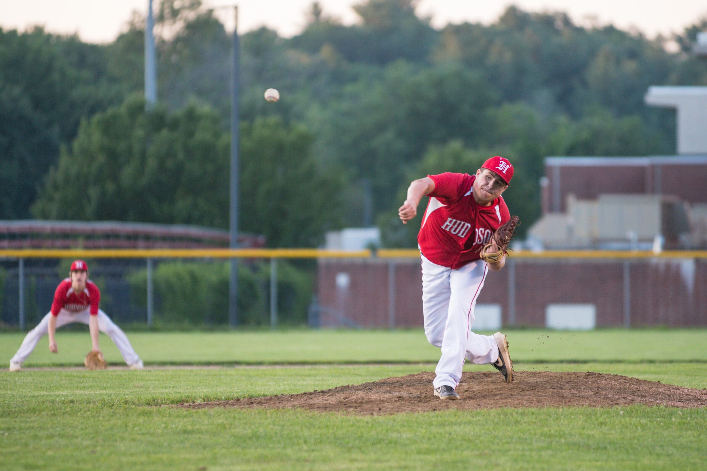 Hudson pitcher Justin Wolfe throws during his team’s July 28 game against Natick. Wolfe would pitch 7 ⅔ innings before being pulled due to pitch count rules.