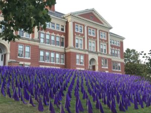 Flags wave on the lawn of the Walker Building in Marlborough before a past year’s overdose awareness vigil. Photo/Courtesy Kathy Leonard