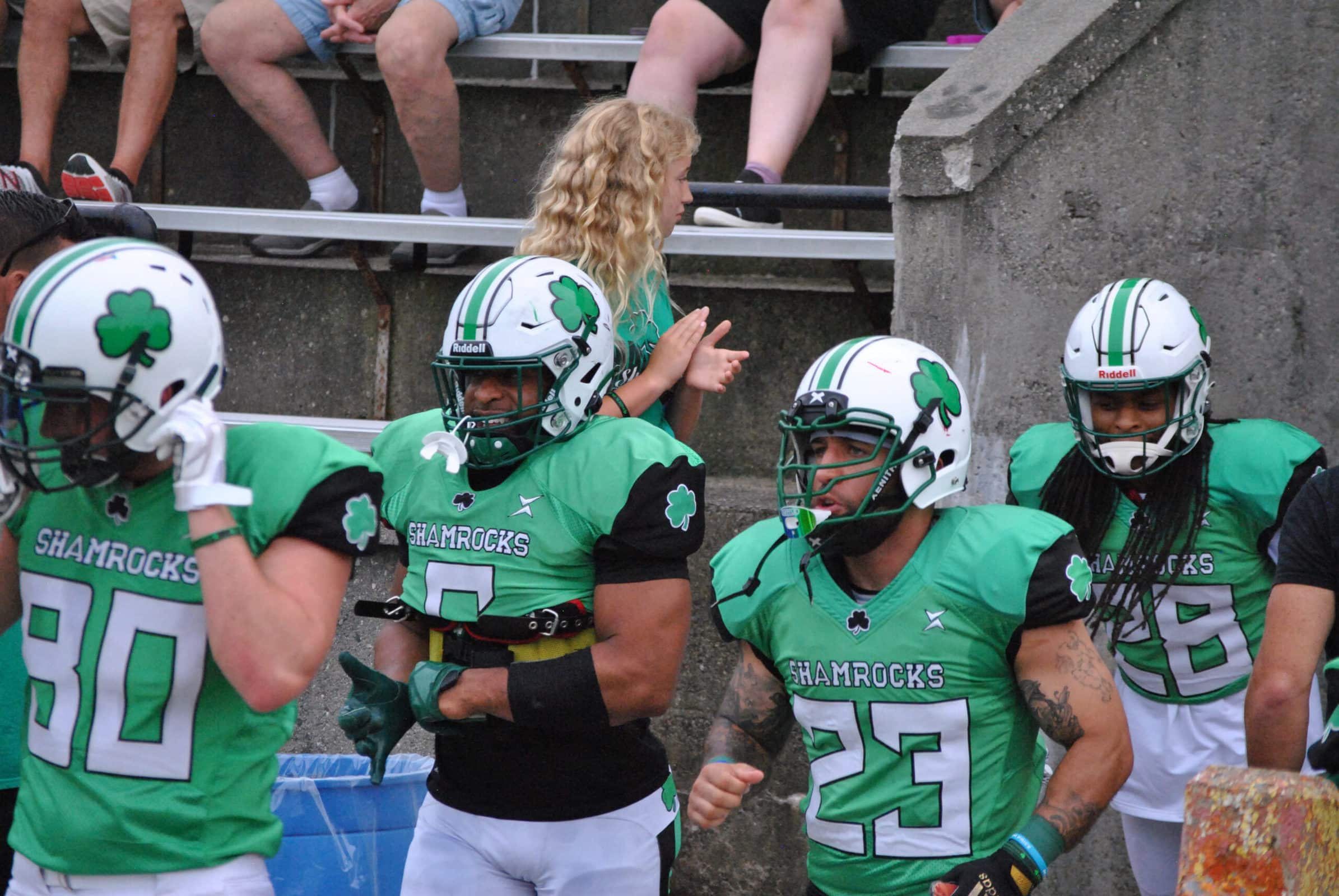 Shamrocks players exit the locker room at Kelleher Field before their game against Southern Maine on Aug. 7.