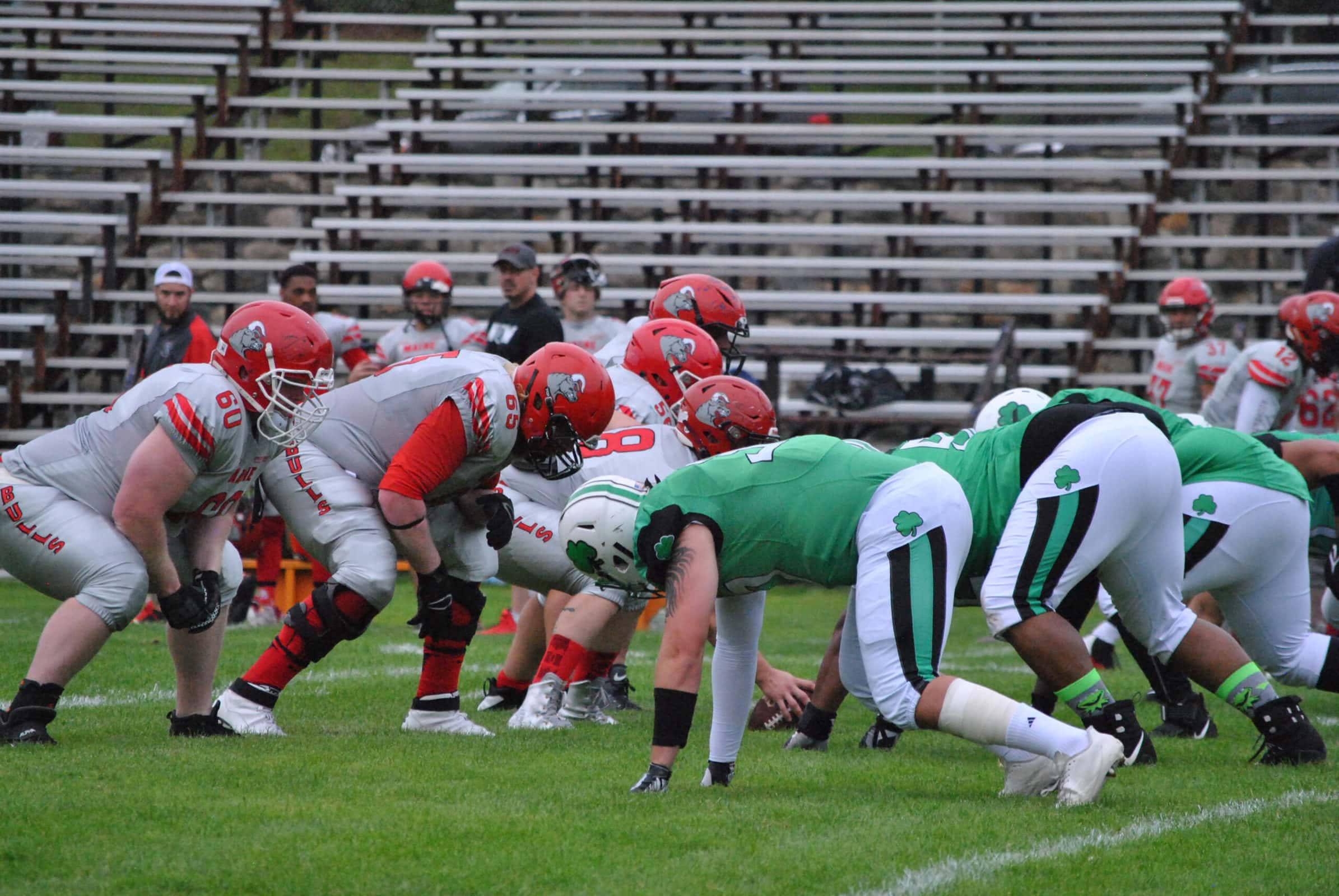 The Marlborough defensive line gets set for a snap on Aug. 7.