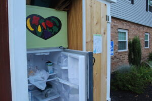 The ‘Friend Fridge’ sits at the Northborough Food Pantry at 37 Pierce Street. Seeking to fight food insecurity, Friend Fridge supporters quickly found their actual refrigerator did not work. Now they’re thanking community members for helping them buy a new fridge.  Photo/Laura Hayes