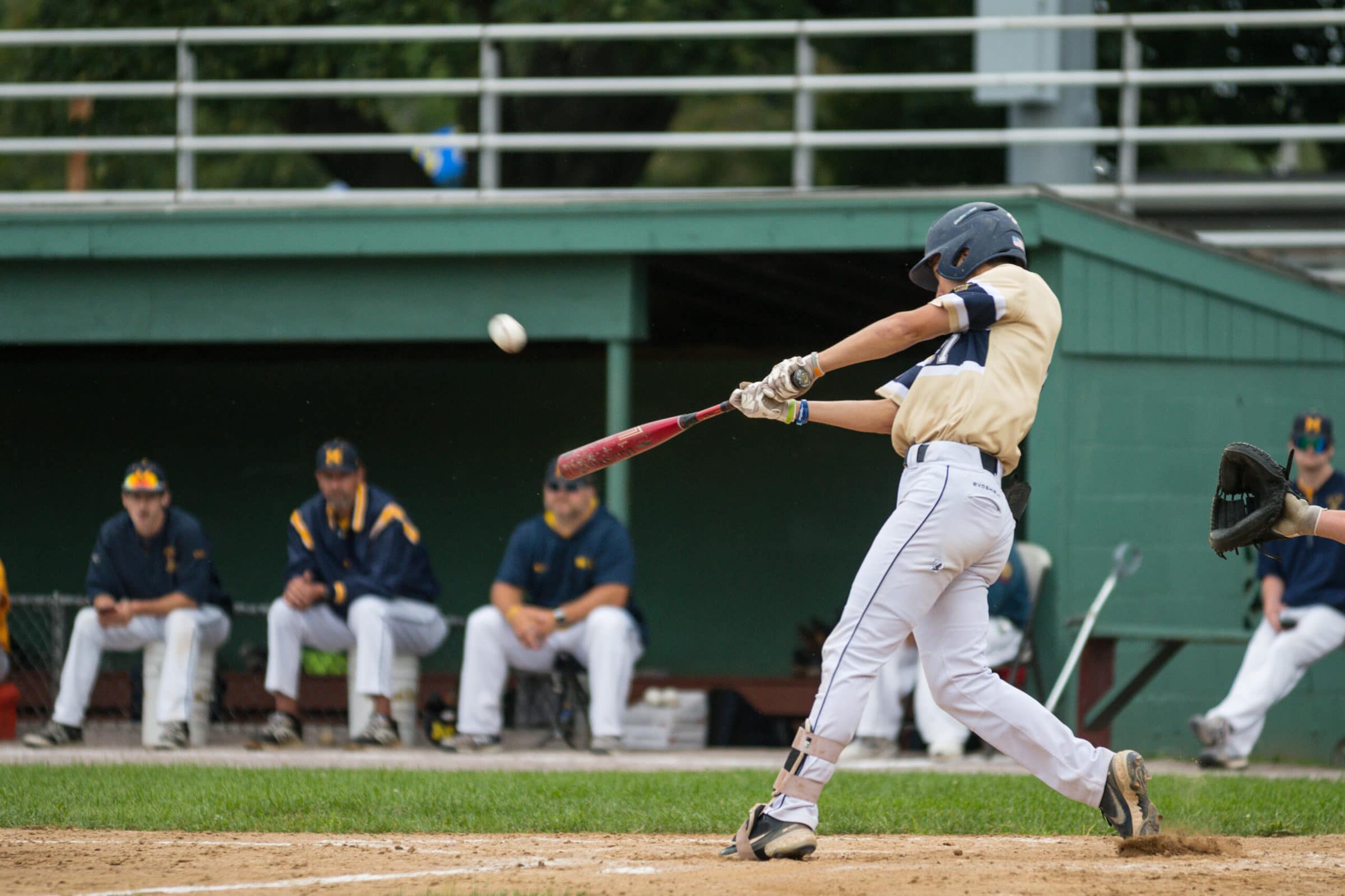 A Shrewsbury batter swings and connects on a pitch during what was a lopsided game in favor of Milford Post 59. (Photo/Jesse Kucewicz)
