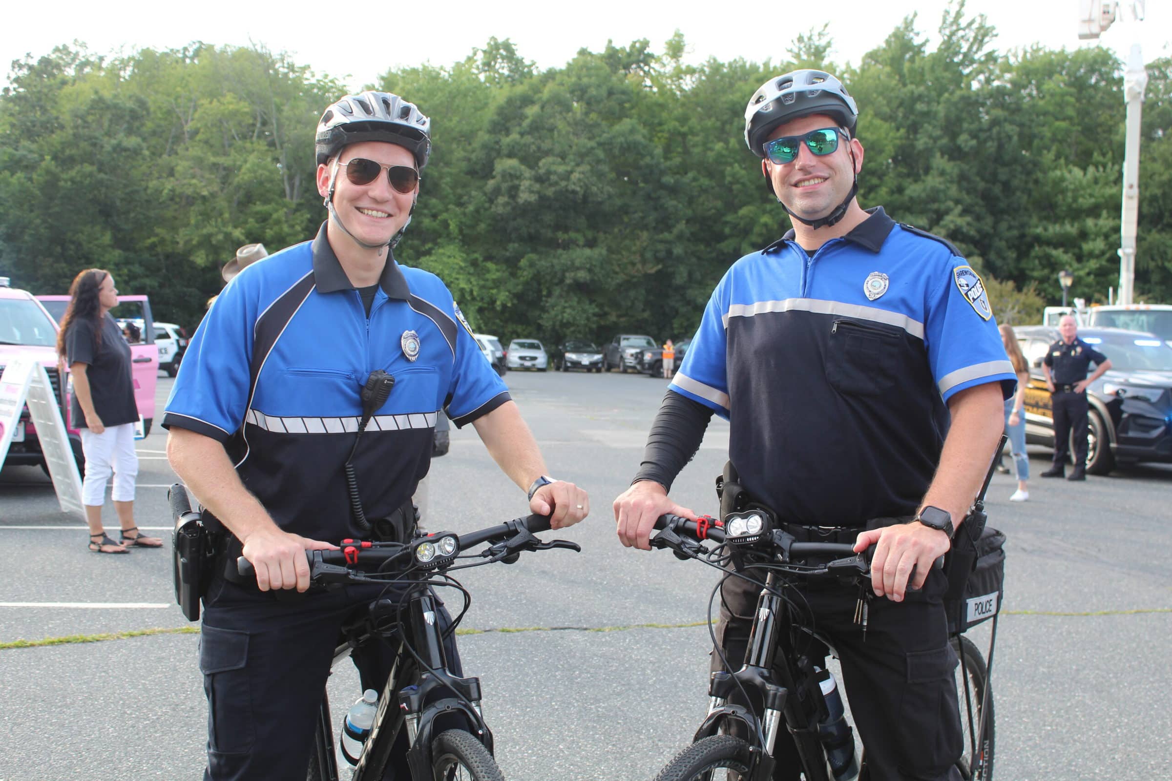 Officers Ryan Bradley and Justin Walker rode bikes during National Night Out.