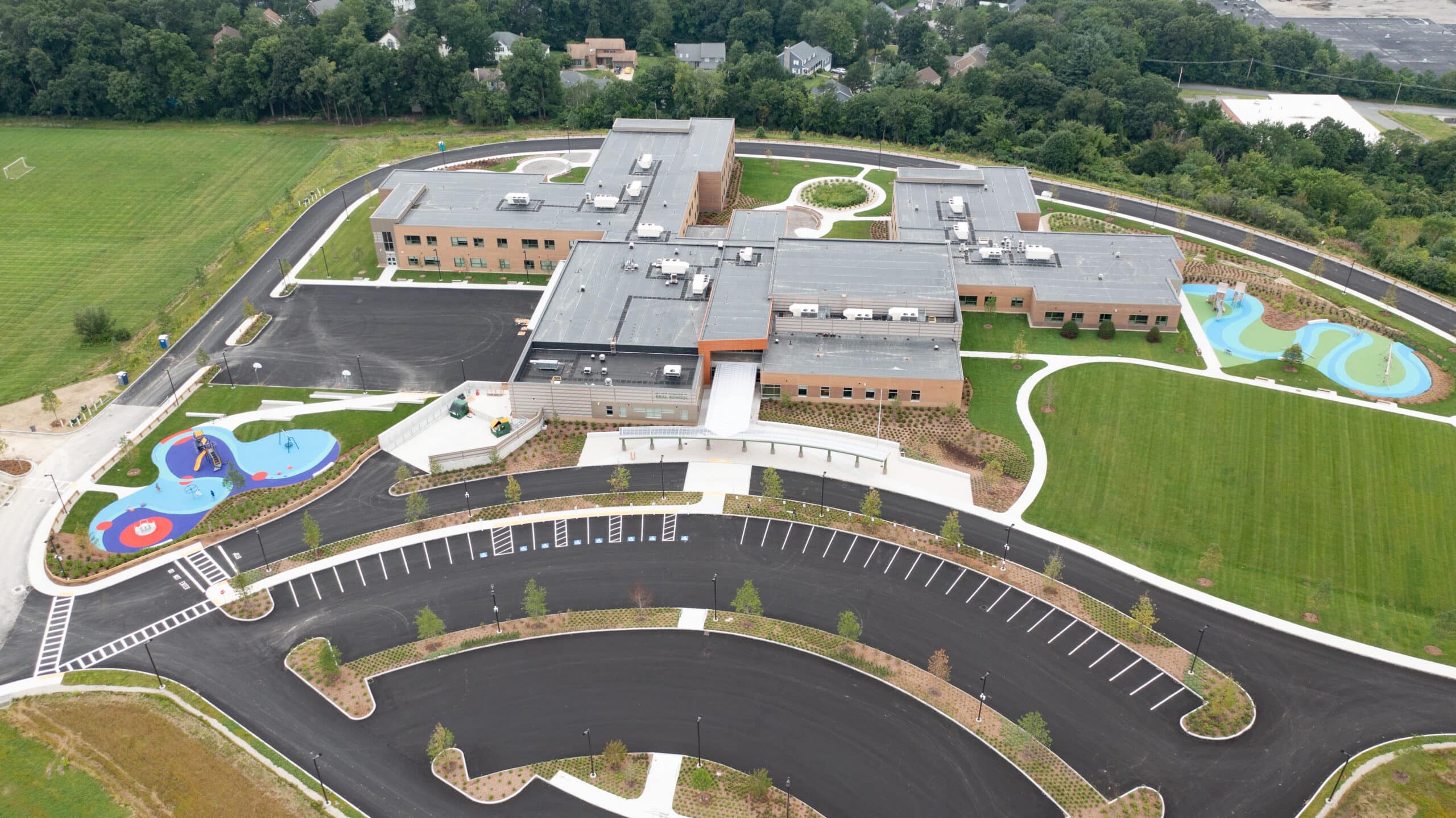 Drone photo of new Beal School, which is almost complete.