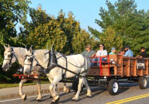 Block party guests take a horse-drawn hayride along streets bordering Bay State Commons.