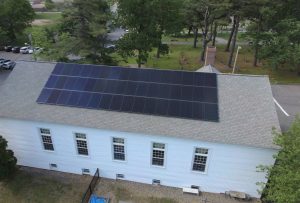 New solar panels sit on the roof of the First Parish of Northborough’s Parish Hall.   Photo/Courtesy Stephanie Sullivan