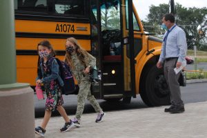 Beal School students arrive on the bus for the first day of school earlier this year. Photo/Laura Hayes