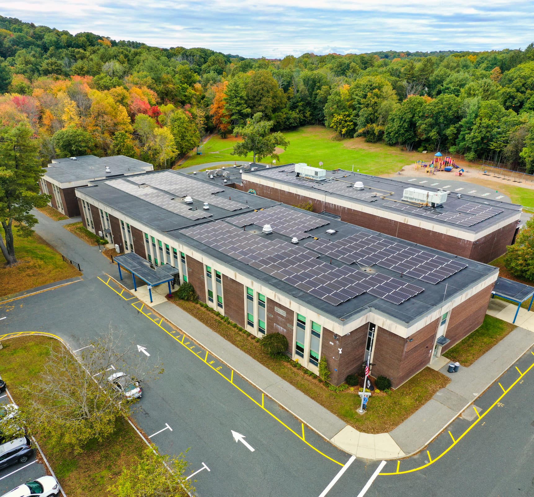 Drone photography shows the new solar panels at Kane Elementary School in Marlborough. The solar panels went live in August.
