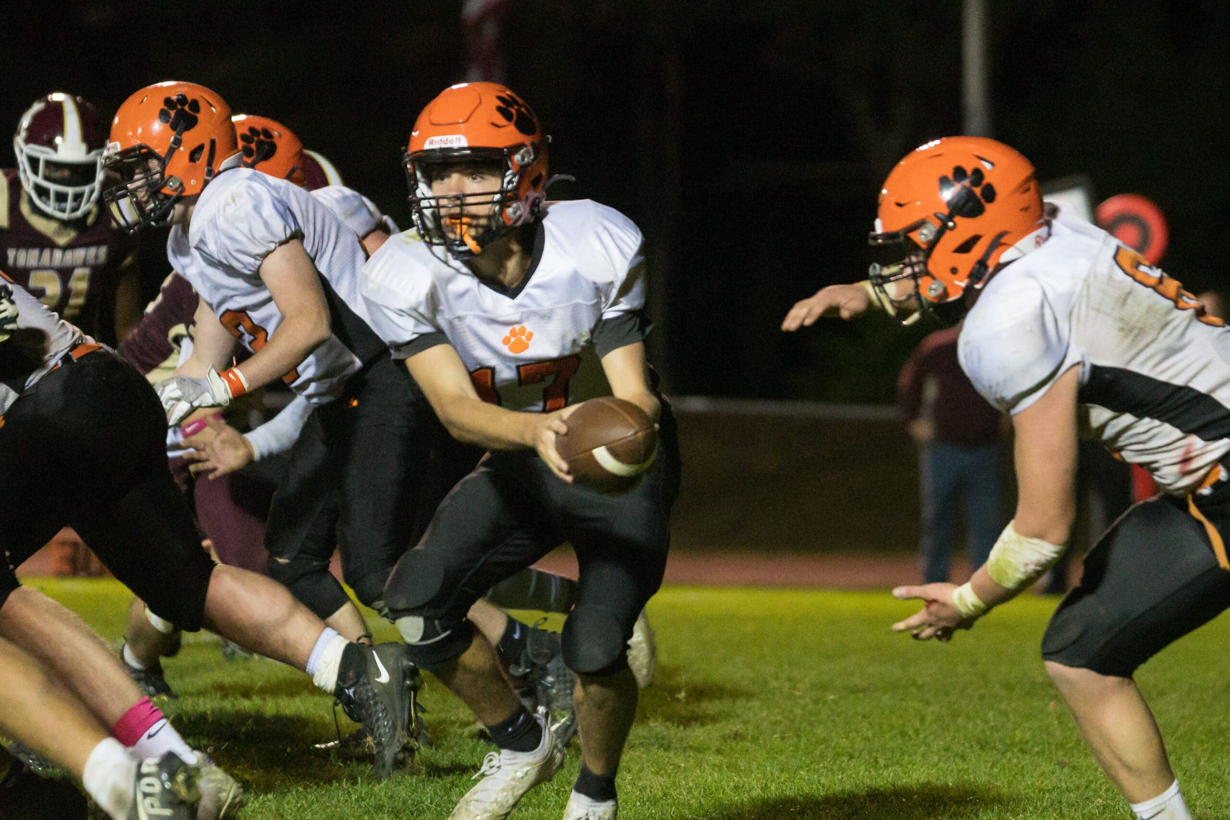 A Marlborough running back charges toward the line of scrimmage during his team’s game against Algonquin.