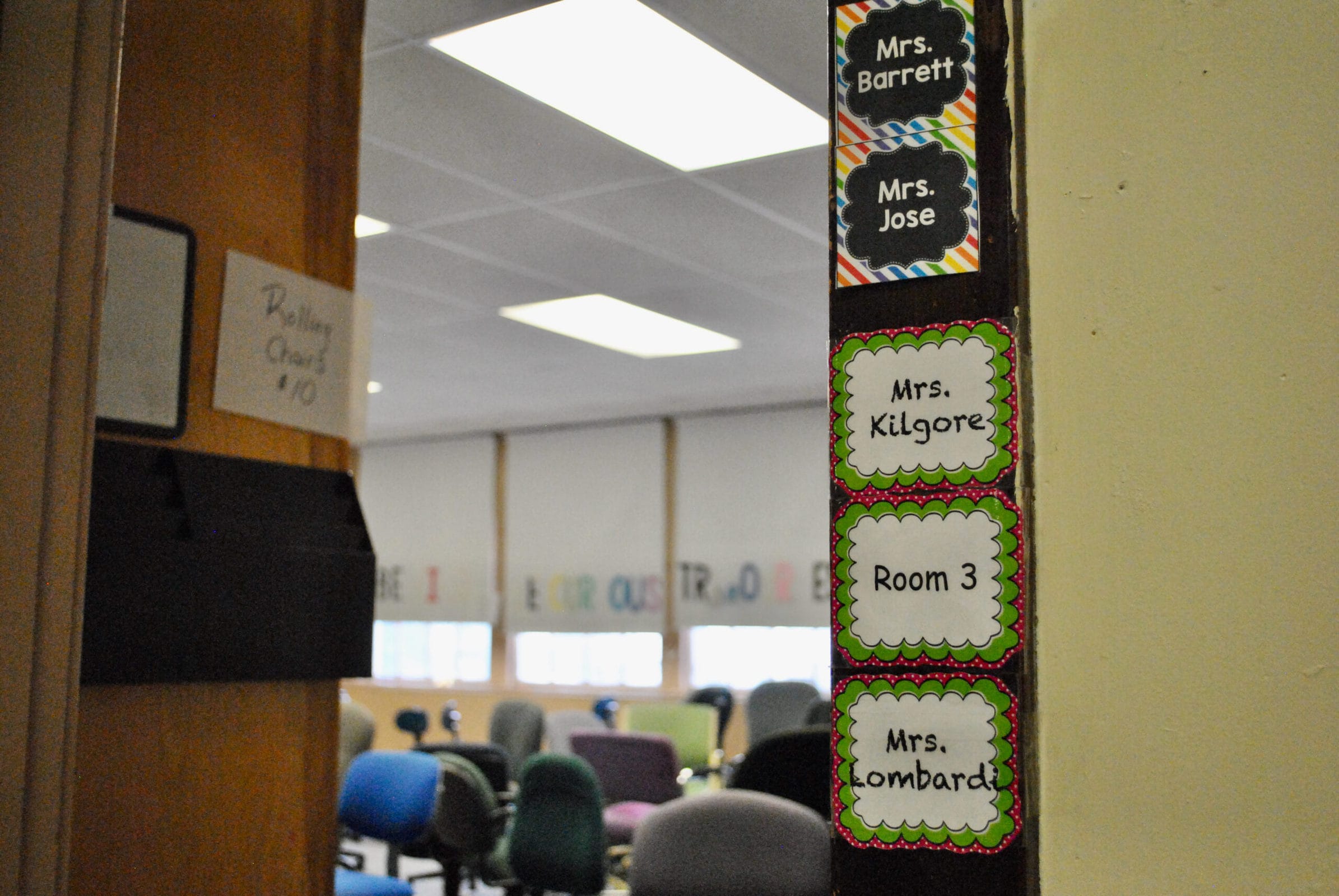 Labels remain on the door frames of Beal School classrooms.