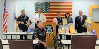 Teddy bears and books, on behalf of the GFWC Marlborough Junior Woman's Club, were recently donated to the Marlborough Police Department to be used on emergency/domestic violence calls involving children. Marlborough City Councilor Katie Robey (a member of the Juniors), was joined in the presentation by Marlborough Mayor Arthur Vigeant, Marlborough Police Chief David Giorgi and members of the Marlborough Police Department