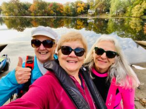 Dee Bosma, Pat Ahern and Cyndee Plude recently completed a marathon kayaking trip across much of Lake Quinsigamond. 