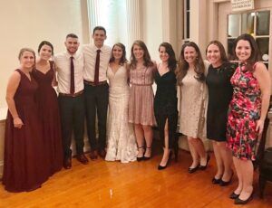 A generation of Bowen cousins attended the marriage of Hudson residents Ryan Bowen and Kelsey McCarthy, fourth and fifth from left. From left: Laura Bowen, Shalyn Bowen, Robert Bowen Jr., (groom and bride), Kristen (Bowen) Curtin, Sara Bowen, Katie (Bowen) Paoletto, Melissa Bowen and Kellie (Bowen) Windle. 
