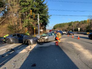 One person hospitalized following three-car crash in Southborough