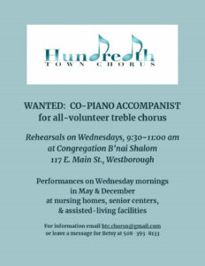 Westborough’s Hundredth Town Chorus seeks piano accompanist