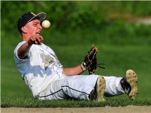 Shrewsbury High School second baseman Ryan Dube makes the throw to first on this ball hit deep to the hole.  Dube threw out Holy Name's Mike Piekarczyk on the play.