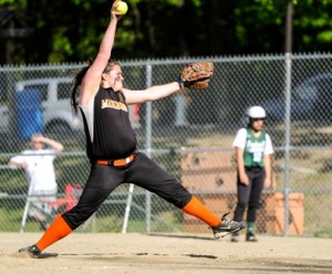 Marlborough High School star pitcher Molly McGuire winds up to deliver a pitch against Wachusett Regional High School.