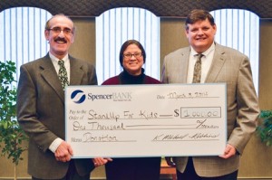 (l to r):  Jerry Shpak, SpencerBANK vice president and investment executive and active board member of the Worcester chapter of StandUp For Kids; Donna Katsoudas, StandUp For Kids volunteer executive director; and K. Michael Robbins, SpencerBANK, president and CEO. Photo/submitted