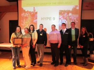 (l to r) - Lynn Stromberg, Lettuce Be Local and chair of Hype 9; Katie Hafner, Easter Seals; Jamie Belmore, Marlborough Savings Bank; David Oles, American Alarm; Charlie Brenner, Solex Payroll; Zach Daniels, Central One Federal Credit Union; Lee Stromberg, Lettuce Be Local; and Laurie Kelley, Doubletree Hotel Photo/submitted 