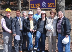 Gathered for a groundbreaking ceremony at the Hudson-Concord Elks Lodge #959 are (l to r) Dennis Zilembo, manager; Thomas Maroney, PCM, general contractor; Karen Freker, trustee; Bill Hopkins, secretary; Mike King, treasurer; Barbara Durand, trustee and building committee chair; state Rep. Kate Hogan, D-Stow; and Joe Lacouture, building committee member. (Photo/Ed Karvoski Jr.)