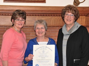(l to r) Janice Long. director of the Hudson Senior Center; Marie Estevez, retiring administrative assistant; and state Rep. Kate Hogan, D-Stow