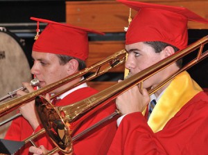 Trombonists Jacob Kahn and Alec Bonnell play with the Hudson High School Concert Band.