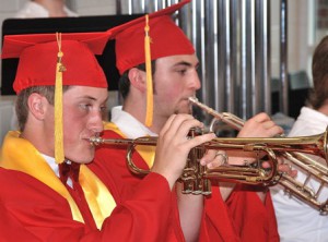 Trumpeters Evan Nelson and Edward Andrews perform “Lauda” by Timothy Miles.