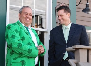Appropriately dressed for St. Patrick’s Day are Nick Pizzimento, Horseshoe Pub owner, with Dave McCabe, Marlborough Savings Bank senior vice president and commercial loan officer.