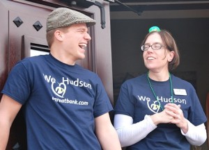 Donning “We Love Hudson” T-shirts are Bill Spencer, cash management specialist, and Jennifer Marble, vice president of commercial lending.
