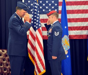 Tech. Sgt. Matthew McKenna of Hudson (right) salutes Lt. Gen. Bradley Heithold after being awarded the Silver Star at a ceremony held at Joint Base Lewis-McChord in Washington state. Photo/Staff Sgt. Russ Jackson 