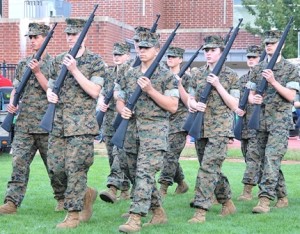 Cadets of the Marine Corps Junior Reserve Officer Training Corps program at Assabet Valley Regional Technical High School in Marlborough perform a drill. 