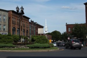 The Hudson rotary looking towards Main Street and the Hudson Unitarian Universalist Church. (Photo/Dakota Antelman)