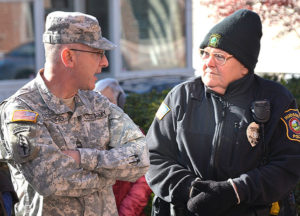 Master Sgt. Anthony DeProfio speaks with Officer Wendy LaFlamme before the ceremony in front of the Town Hall. Photos/Ed Karvoski Jr.