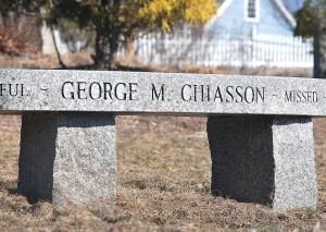 Bench at Tripp’s Pond dedicated during the George Chiasson Memorial Trout Fishing Derby in 2010. (Photo/Ed Karvoski Jr.)