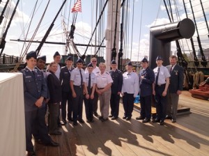 Members of the Marlborough Civil Air Patrol, Lt. Col. Frank Pocher Minute Man Squadron, visit the USS Constitution.  Enjoying the tour of the ship are: (l to r)  C/SSgt Asher Leeming, C/A1C  Jabrail Clark, MAJ Sharon Ingraham, C/B Foxe Gladden, C/1LT Beatrice Zhang, C/B Derick Svach, C/AMN Sam Houle, SM Roland Houle, 2LT Pauline Smith, C/AMN Timothy Goliger, C/B Lauren Munday,  C/AMN Gino DiMatteo, C/B Gregory Poe, and CPT Andrew Ingraham. (Photo/submitted)