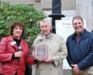 Clifford Avey Jr. (center) receives the Heritage Hero Award from Susanne Morreale Leeber, president and CEO of the Marlborough Regional Chamber of Commerce, and Mayor Arthur Vigeant. Avey served as city treasurer for 22 years. For 11 years, he was a manager at St. Mary's Credit Union, where he's currently a director. Avey is a board member of Old Marlborough and a member of the Marlborough Historical Society.
