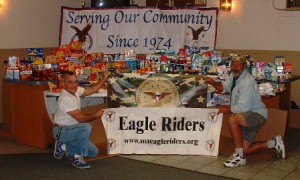 Marlborough Eagle Riders Chuck Beland (left) and Mark Carney with the items collected for soldiers serving overseas. Photo/submitted 