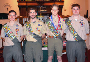 Eagle Scouts of Troop 41 in Marlborough (l to r): Alex Young, Corey Daly, Isaac Niedzielski and Noah Watson. Photo/Ed Karvoski Jr.