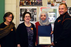 (l to r) Blanca Ruebensaal, U.S. Department of State’s Bureau of Educational and Cultural Affairs Office of Citizen Exchanges; AFS Intercultural Programs representative Jody Pongratz; Hala Rashini; and MHS Assistant Principal Robert Fitzgerald. (Photo/submitted)