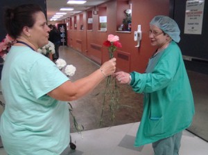 Flowers were also given to employees.