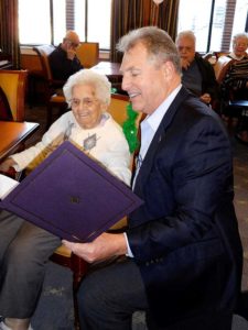 Mayor Arthur Vigeant presents a certificate to Barbara McPhee. Photos/Nance Ebert